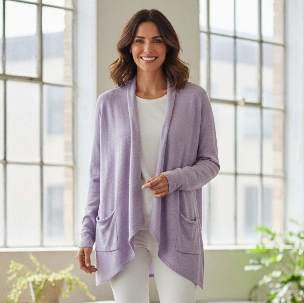 Eileen Fisher  Linen blend Lilac Lightweight Open front Cardigan with pockets